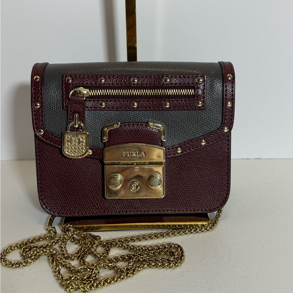 Furla Burgundy and Gray Leather Crossbody Bag with Gold Hardware